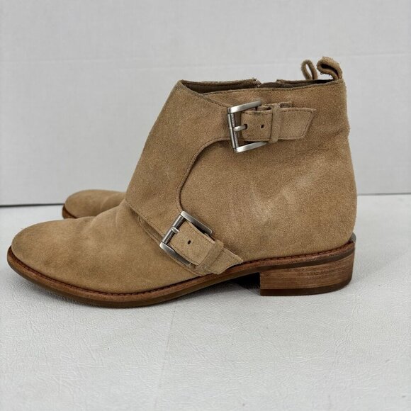 Michael Kors Suede Ankle Boots Size 6.5 Tan Leather Side Zip Block Heel Bootie - Picture 4 of 12